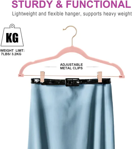 Vista 3 de Perchas de terciopelo para faldas, paquete de 24 perchas para pantalones con clips, perchas antideslizantes resistentes con gancho giratorio de 360