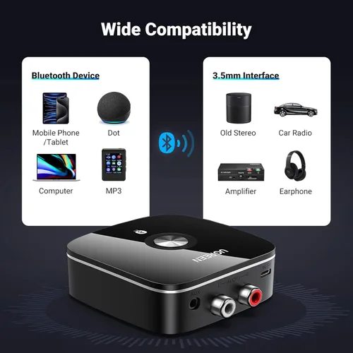 Vista 5 de Receptor de sonido inalámbrico por conexión Bluetooth 4.1 Ugreen, parlante musical inalámbrico con adaptador de 0.13 pulgadas y 2RCA para sistema