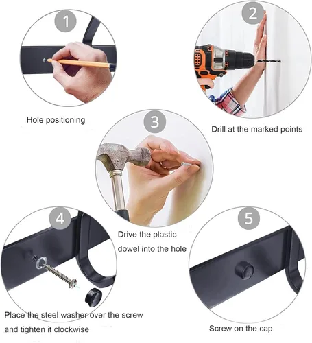 Vista 7 de Ganchos de pared negros, perchero de pared de 30 cm con 4 ganchos, ganchos de pared resistentes para colgar mochila, bolso, cartera, ropa, sombrero