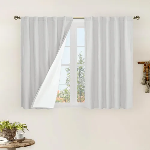 Vista 117 de LAMIT Cortinas opacas cortas de lino de 30 pulgadas para ventanas de cocina sobre el fregadero, cortinas de café texturizadas de lino marfil