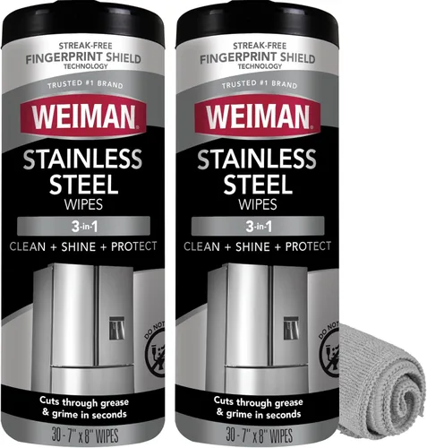 Weiman Kit de limpiador y pulido de acero inoxidable, 2 toallitas y paño, antihuellas, elimina grasa, manchas de agua, rayas y residuos, limpiador