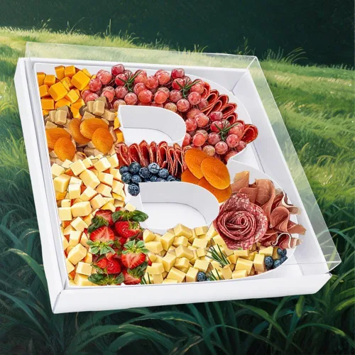 Vista 5 de Bandeja de papel rellenable de 12.5 pulgadas con números y letras de cartón, tablero de charcutería, bandeja para cupcakes dulces, caja decorativa