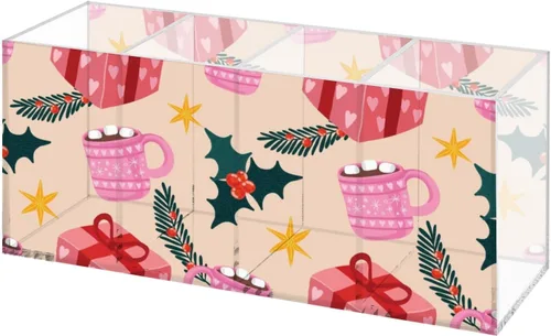 Cute Christmas Mugs Acrylic Dorm Makeup Brush Holder With 4 Compartments Pen Desk Organizer Makeup Brush Storage Bow Desk Accessories Caddy Pen