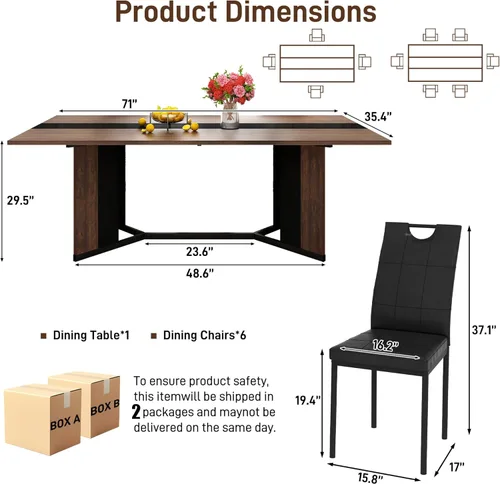 Vista 2 de Juego de mesa de comedor de 7 piezas con 6 sillas acolchadas para 4 y 6 personas, juegos de mesa de cocina de madera grande de 71 pulgadas con mesa