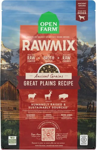 Vista 9 de Open Farm, alimento seco RawMix para perros con granos ancestrales, croquetas llenas de proteínas cubiertas en caldo de huesos con trozos crudos