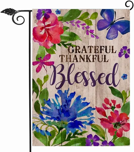 Hzppyz Grateful Thankful Blessed - Bandera de jardín de Acción de Gracias, pequeña bandera decorativa para exteriores, arpillera rústica, bandera de