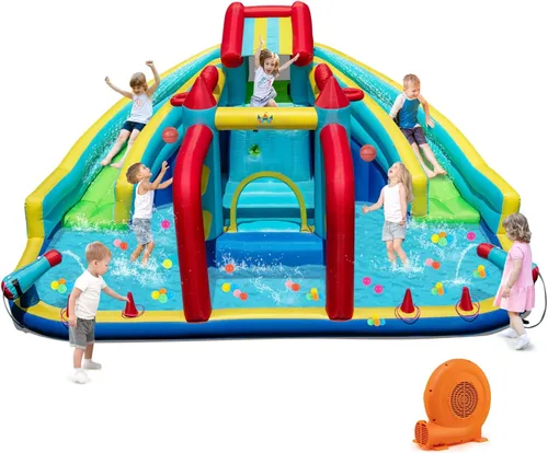Vista 16 de BOUNTECH Tobogán acuático inflable, estilo dinosaurio, parque de toboganes dobles con casa de rebote, castillo de salto con 2 cañones de agua