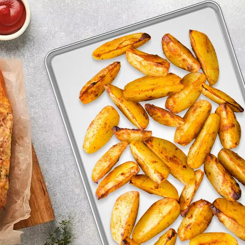 Vista 7 de Wildone - Juego de 2 bandejas para hornear de acero inoxidable, bandeja para galletas, tamaño 9 x 7 x 1 pulgada, no tóxico, resistente, acabado