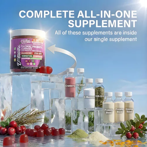 Vista 4 de Clean Nutraceuticals Probióticos Vaginales para Mujeres Gomitas con Arándano Rojo, Uva Ursi, Cola de Caballo, D-Manosa, Prebióticos y Enzimas