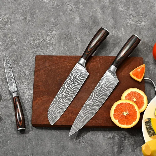 Vista 2 de Juego de cuchillos de chef de cocina profesional, Razor Sharp de acero alemán de alto carbono, 3 piezas, mango ergonómico de madera de Pakkawood
