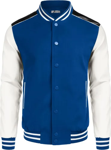 Vista 5 de COOFANDY Chaqueta Varsity para hombre, casual, de cuero, con manga de béisbol, estilo bombardero