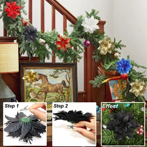 Vista 3 de 12 piezas de flores de Pascua artificiales de Navidad con clips y tallos, decoraciones de Navidad con purpurina para adornos de árbol de Navidad