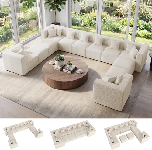 Vista 28 de MONVANE Sofá seccional deshuesado en forma de L de gran tamaño, chenilla Chenille-beige