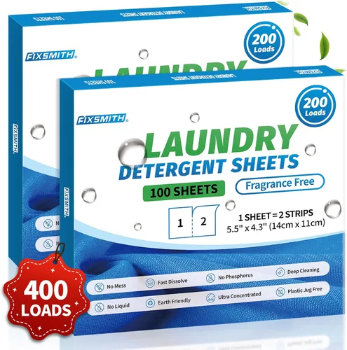 Vista 14 de FIXSMITH Hojas de detergente para ropa – 60 cargas (30 hojas) aroma de lino fresco – Hipoalergénico, tiras de detergente para ropa ecológicas