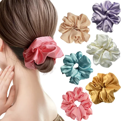 Vista 12 de Coleteros de satén de gran tamaño para mujer, ligas grandes para el cabello, suaves, sin daños, bandas de pelo de seda suave al tacto para dormir