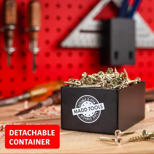 Vista 6 de Soporte de cinta métrica para tablero de clavijas, incluye caja de lápices y soporte triangular cuadrado de carpintero, accesorios organizadores