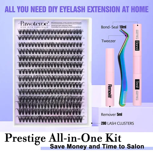 Vista 2 de Kit de extensión de pestañas Pawotence DIY 280 piezas, kit de racimos de pestañas individuales de 9-16mm, kit de extensión de pestañas en racimo