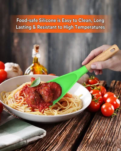 Vista 4 de Cuchara de cocina para utensilios de cocina antiadherentes, ideal para cocinar y servir silicona mate resistente sin BPA, cuchara con mango de Verde