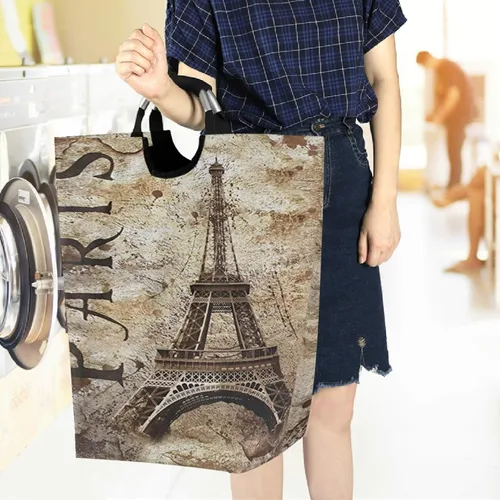 Vista 6 de visesunny Cesta de lavandería de gran capacidad, estilo retro, torre Eiffel, París, resistente al agua, tela Oxford, cestas de almacenamiento