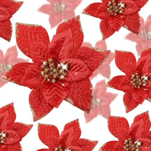 Vista 36 de WILLBOND 24 Piezas 3 Tamaños Flor de Nochebuena Artificial Decoración Navideña con Purpurina Adornos Navideños de Nochebuena Flores Artificiales