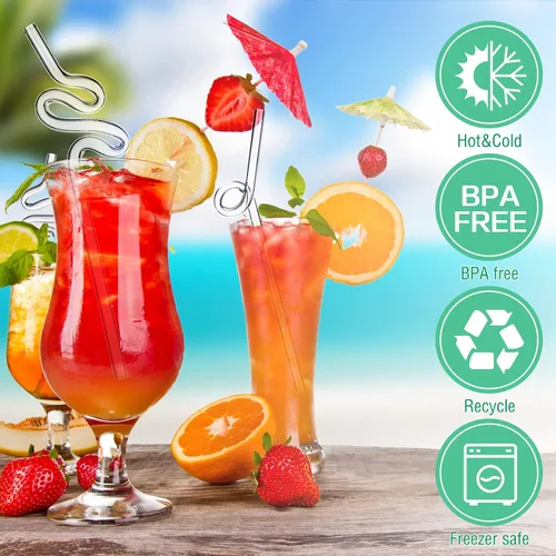 Vista 4 de Yinkin 6 popotes de vidrio ondulado, reutilizables, curvos, tontos, resistentes a los golpes con 2 cepillos de limpieza, popotes de vidrio