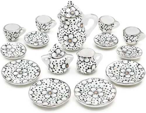 Vista 2 de Odoria Juego de té de porcelana en miniatura 1/12, 15 piezas, accesorios de decoración de casa de muñecas, flor de ciruelo