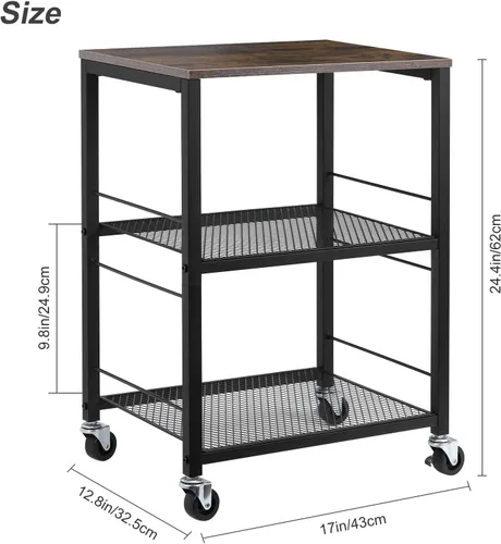 Vista 2 de MOOACE Rustic 3 Tier End Table with Wheel,Side Table Nightstand Storage Shelf for Bedroom,Kitchen,Living Room and Office, Stable Metal Frame,Wood