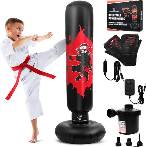 THB Punching Bag for Kids - Inflatable Punching Bag with Boxing Gloves for Kids Age 3-8, 63” Ninja Boxing Bag with Electric Air Pump to Practice