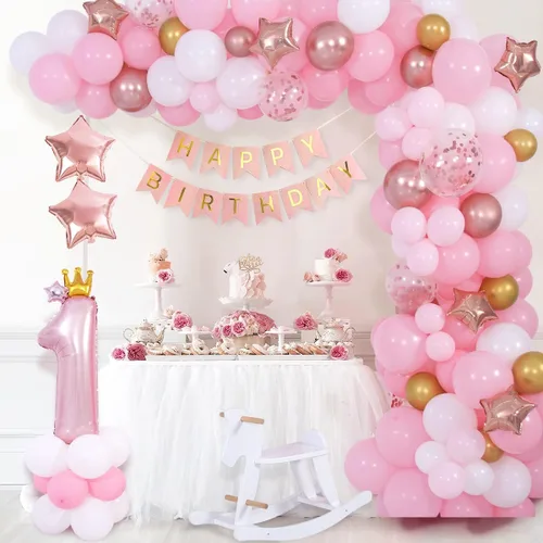 Decoraciones de primer cumpleaños para niña, kit de arco de globos rosados, pancarta de feliz cumpleaños número 1, corona de globos de oro rosa para