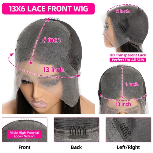 Vista 33 de Lemoda Peluca de encaje frontal completo de 13 x 6 pulgadas, pelucas de cabello humano lacio HD transparente de encaje sin pegamento, peluca