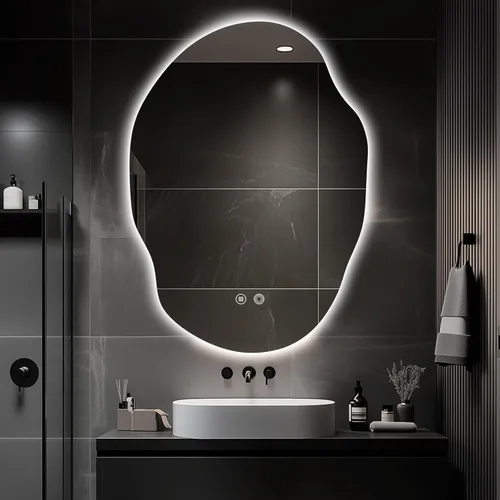 Vista 10 de Espejo de Baño LED Asimétrico con Luces, Espejo de Tocador de Baño LED Irregular para Pared con Retroiluminación, Antivaho, 3 Colores y Luz