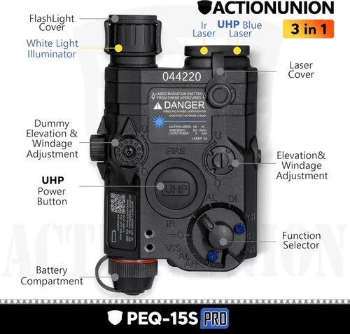 Vista 2 de ACTIONUNION Airsoft PEQ-15S Pro UHP láser azul visible + láser IR + linterna LED blanca