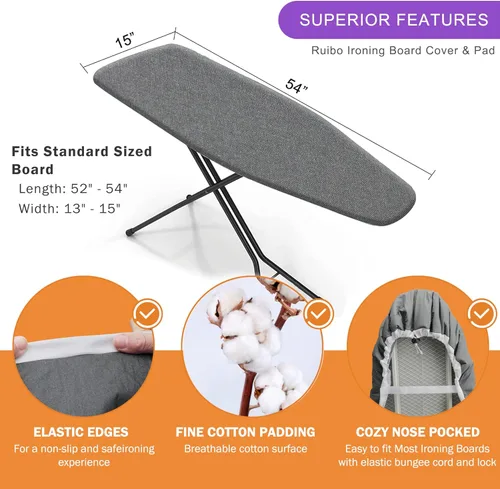 Vista 3 de Cubierta y almohadilla para tabla de planchar Ruibo, acolchado extra grueso y resistente de 4 capas, resistente a quemaduras y manchas, borde