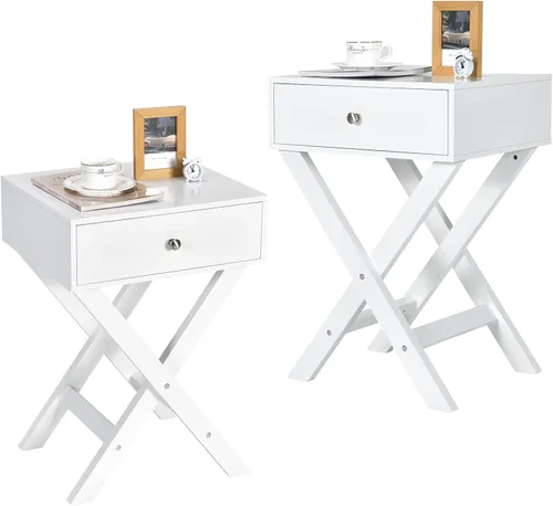 COSTWAY Mesita de noche con cajón X estructura en forma de acento sofá mesa lateral blanco