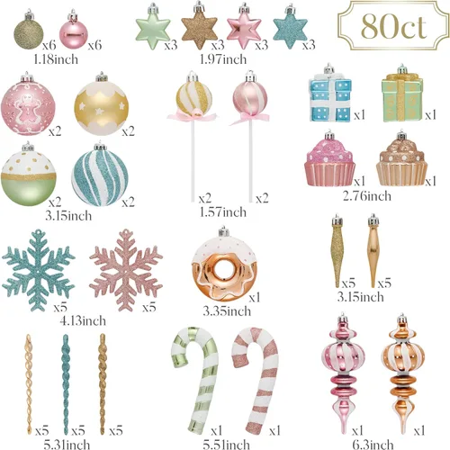 Vista 3 de Valery Madelyn - Juego de adornos de esfera navideña, 80 piezas Candyland Macaron Pastel, inastillables para decoración de árbol de Navidad