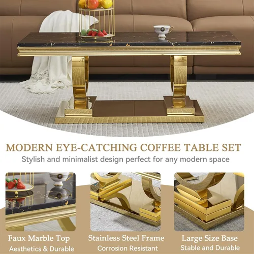 Vista 6 de Juego de 2 mesas de café de mármol, juego de mesa de sala de estar de 2 piezas que incluye 1 mesa auxiliar y 1 mesa auxiliar, moderna mesa de centro