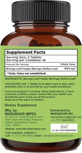 Vista 6 de Tabletas de hoja de moringa - 90 comprimidos, 1000 mg by mi Nature Moringa 100% natural Antioxidante Polvo de hoja de moringa Vitamina C