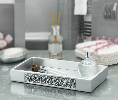 Vista 2 de Creative Scents Bandeja de baño con mosaico plateado, bandeja decorativa de tocador de baño, bandeja de perfume para tocador, bandeja de espejo