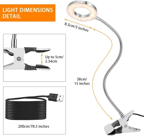 Vista 4 de LAVEN - Lámpara de escritorio, 7 W LED con clip para libros, cuidado ocular USB, brillo de 2 niveles, 2 modos
