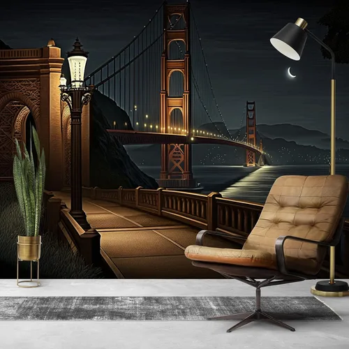 Papel pintado nocturno con vista a la luz de la luna, puente Golden Gate, paisaje de la ciudad de San Francisco, arte mural de pared grande para