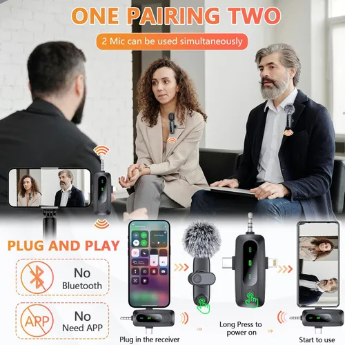 Vista 3 de Micrófono Lavalier inalámbrico 3 en 1 para iPhone, iPad, Android, cámara, paquete de 2 mini micrófonos profesionales con pantalla LED, clip