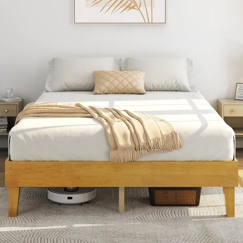Vista 19 de Yaheetech Base de cama matrimonial con plataforma de madera maciza natural con soporte de listones de madera, espacio debajo de la cama de 12 Nogal