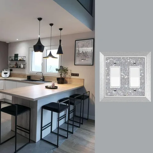 Vista 71 de Placa de pared con diamantes de imitación plateados brillantes plateados, placa de cubierta de interruptor de luz, cubierta de enchufe de grano