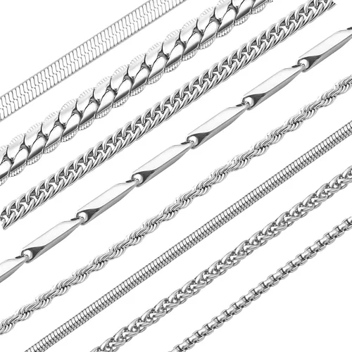 stino 78PCs Stainless Steel Chain Necklace Set for Men Women, Silver Tone Necklace Chains Bulk, Figaro Chain, Snake Chain, Cuban Link Chain, Rope