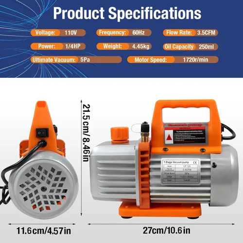 Vista 2 de BACOENG 3.5 CFM Bomba aspiradora, 110V 1/3 HP Bomba aspiradora giratoria de paletas de una etapa para HVAC con aceite, para recarga de refrigerante