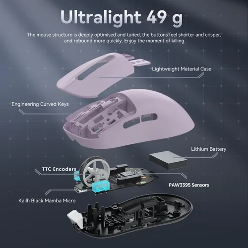 Vista 5 de ATTACK SHARK X3 - Mouse inalámbrico para juegos, mouse ergonómico de computadora de 1.49 onzas, sensor óptico PAW3395 de 26K DPI, batería de 200