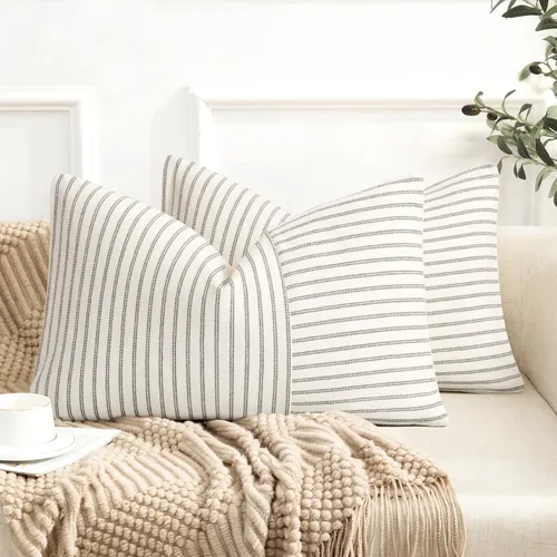 Vista 28 de Fundas de almohada de granja de 12 x 20 pulgadas, 2 fundas de almohada lumbares modernas, decorativas, de lino, con retazos de rayas negras y beige