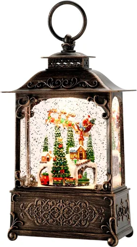 Globo de nieve de aldea de Navidad, escena de Papá Noel volador iluminado, linterna musical de agua de nieve, linterna de Navidad con remolino