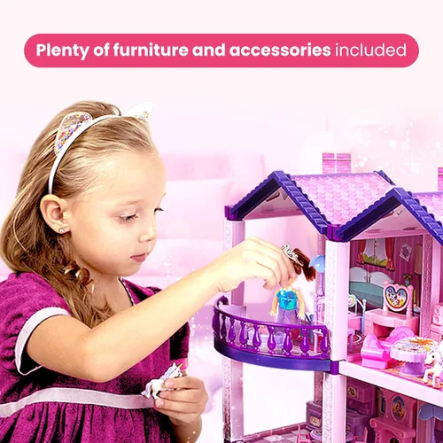 Vista 7 de Casa de muñecas con 2 princesas, 4 unicornios, perro, muebles y accesorios – Casa de muñecas de ensueño rosa y morado juguete para niñas pequeñas