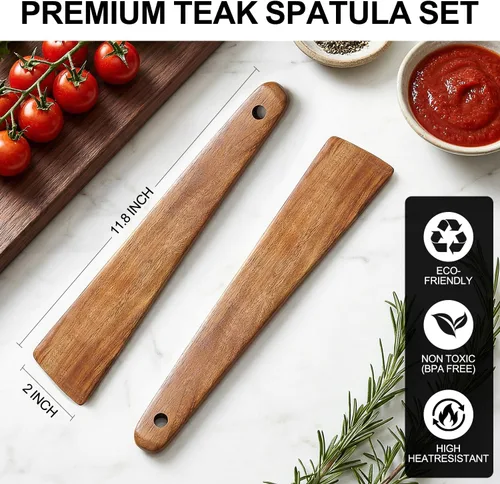 Vista 2 de Espátula de madera de 12 pulgadas para utensilios de cocina, espátulas ranuradas, espátulas de madera antiadherentes para utensilios de cocina, 2